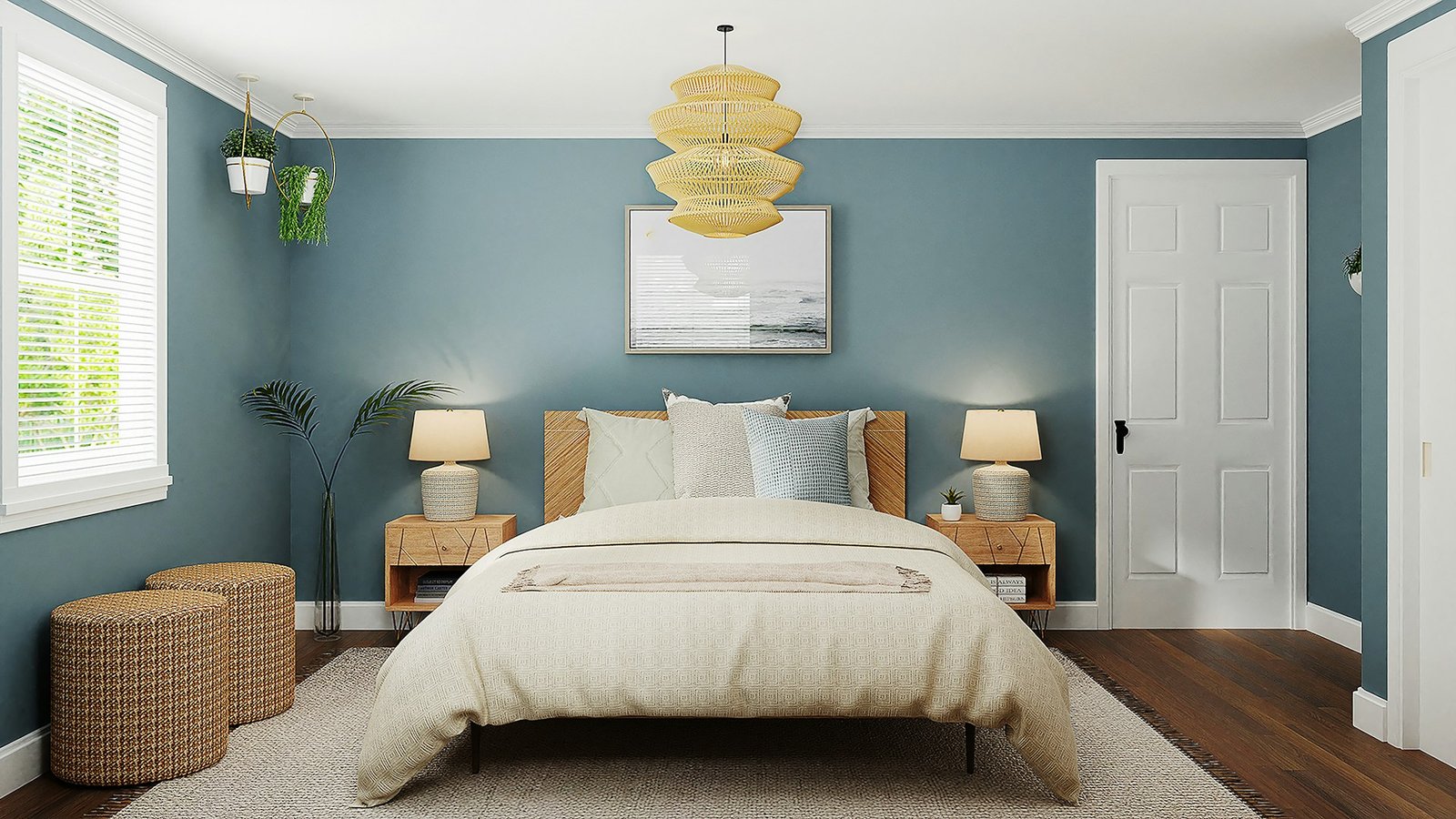 A bedroom with blue walls, a beige bed, and a yellow woven pendant lig