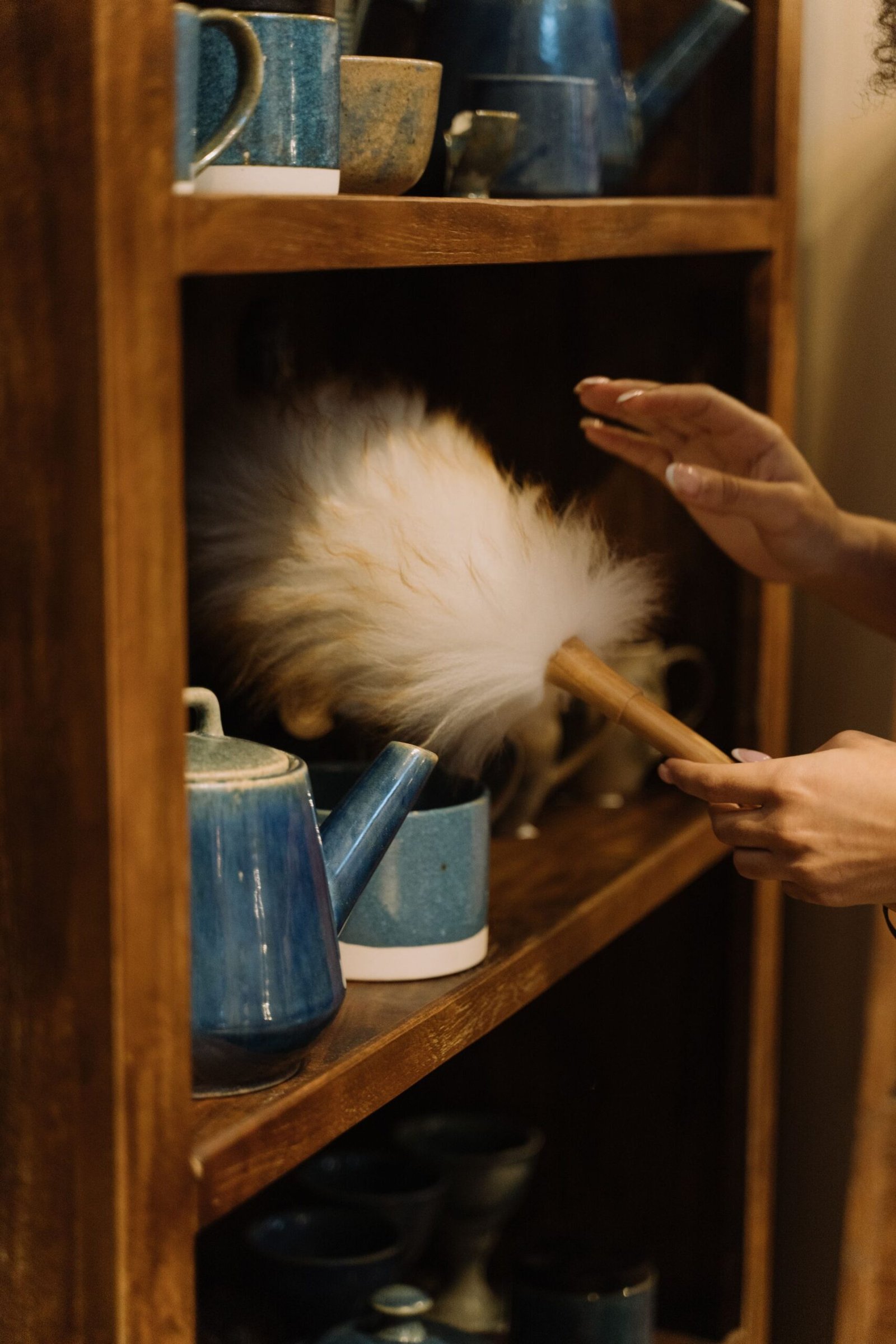 Hands cleaning pottery on a wooden shelf with a dusting brush, em