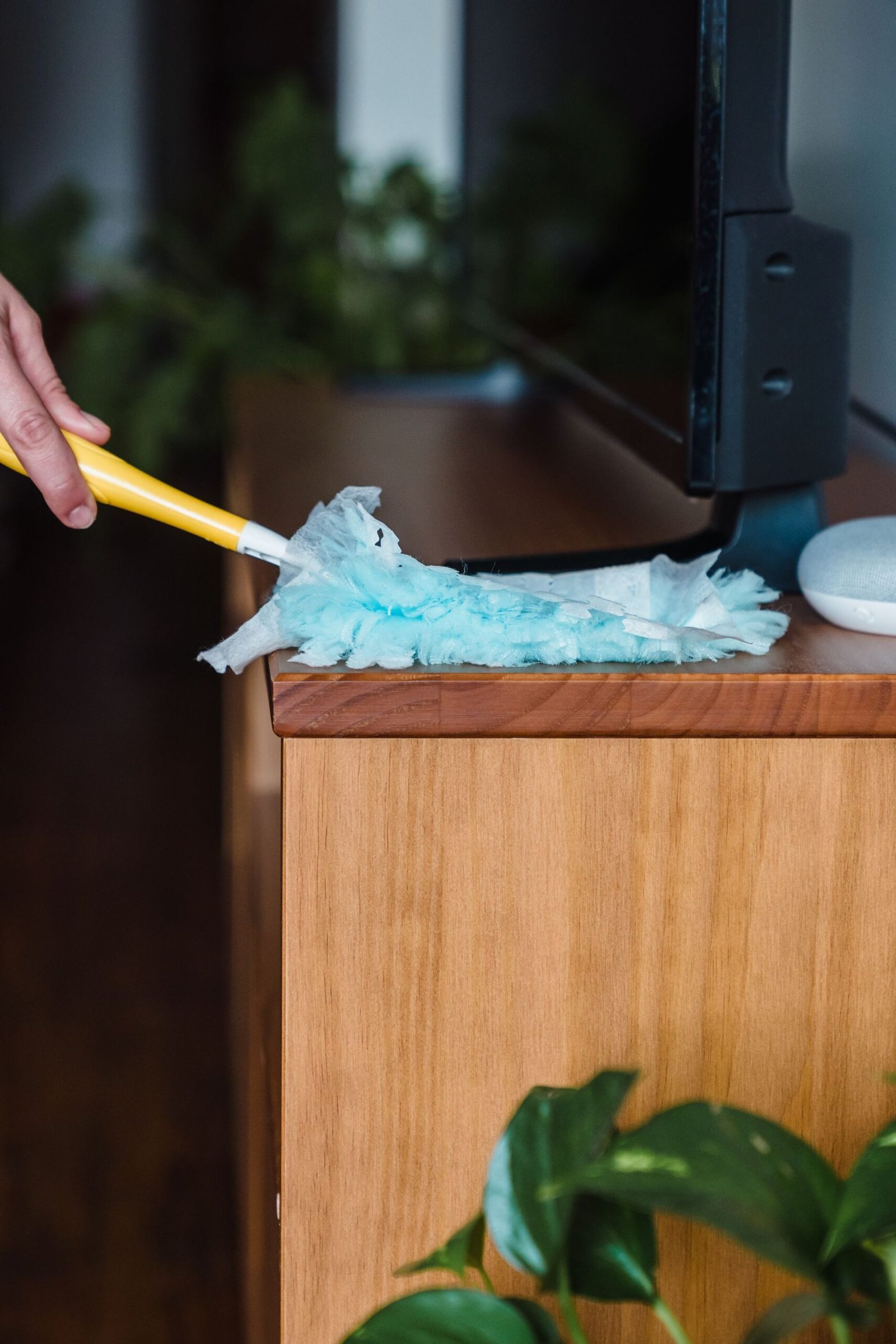 Close-up of a person using a blue duster on a wooden surface near