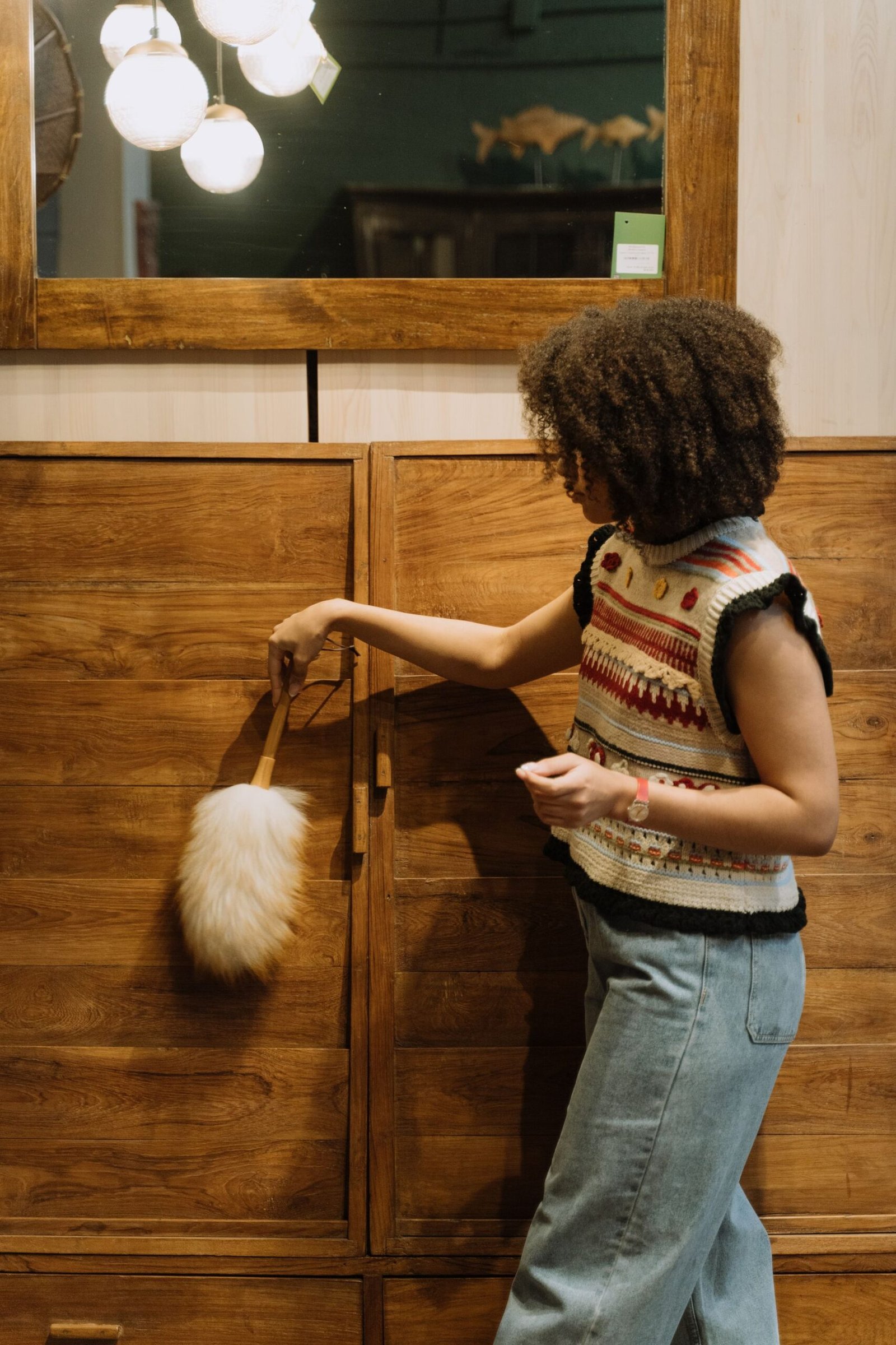 Woman using a duster to clean a wooden cabinet indoors, showcasin
