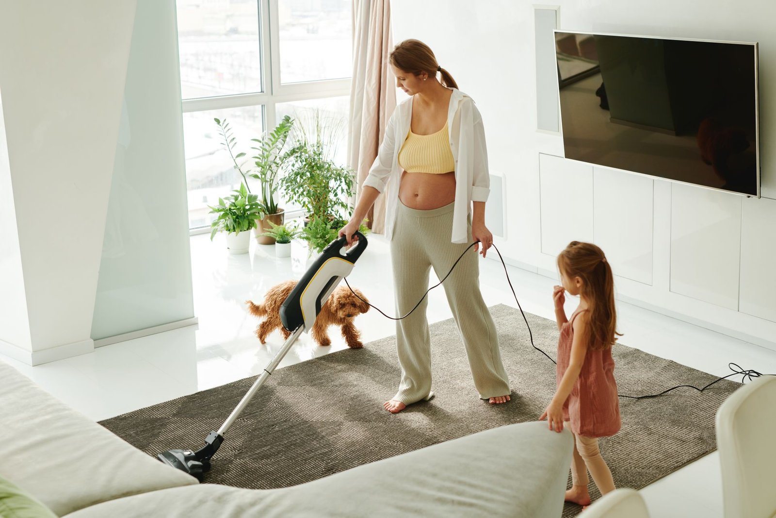 Pregnant mother cleaning carpet with vacuum as daughter and dog p