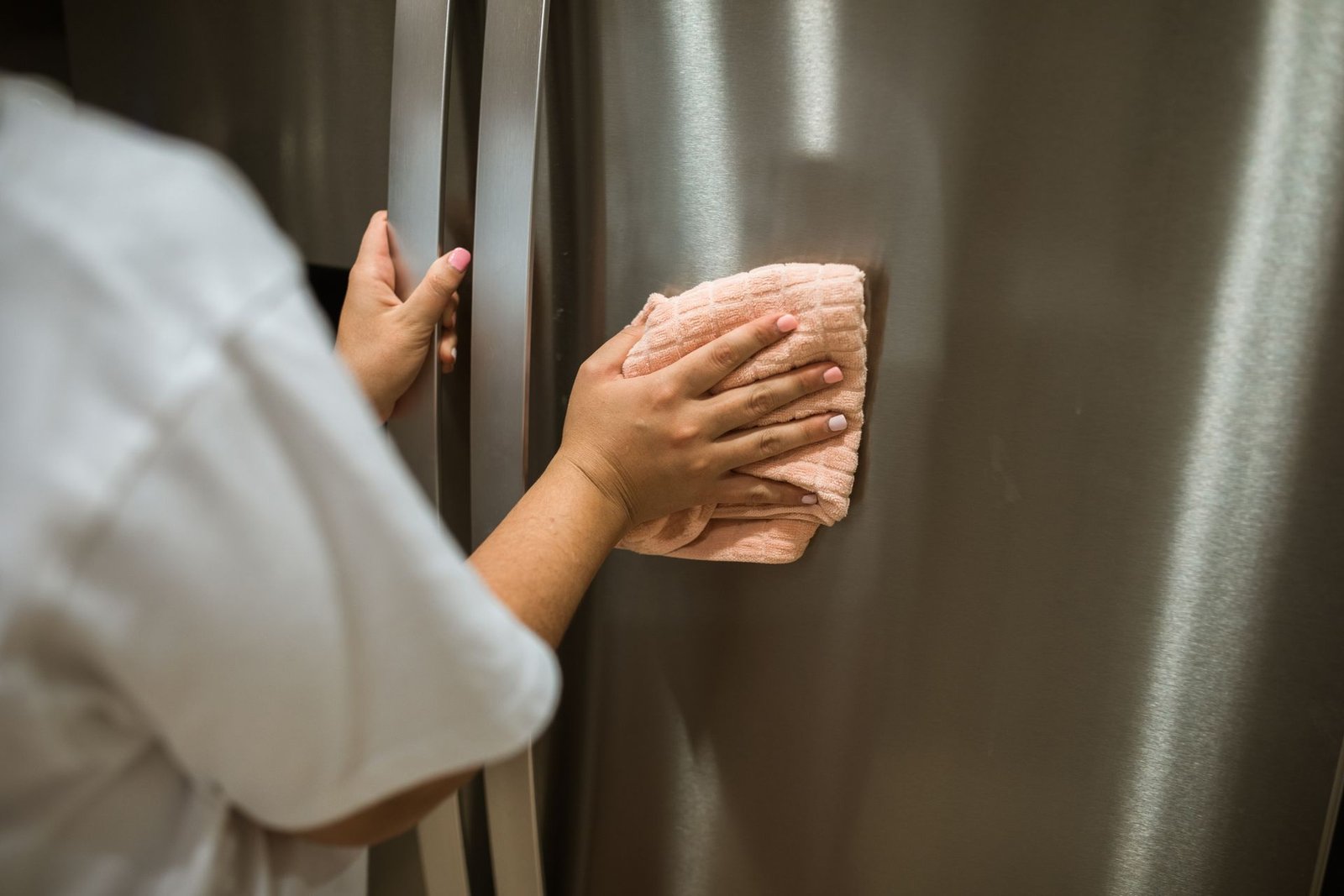 Hands using cloth to wipe stainless steel refrigerator. Indoor cl