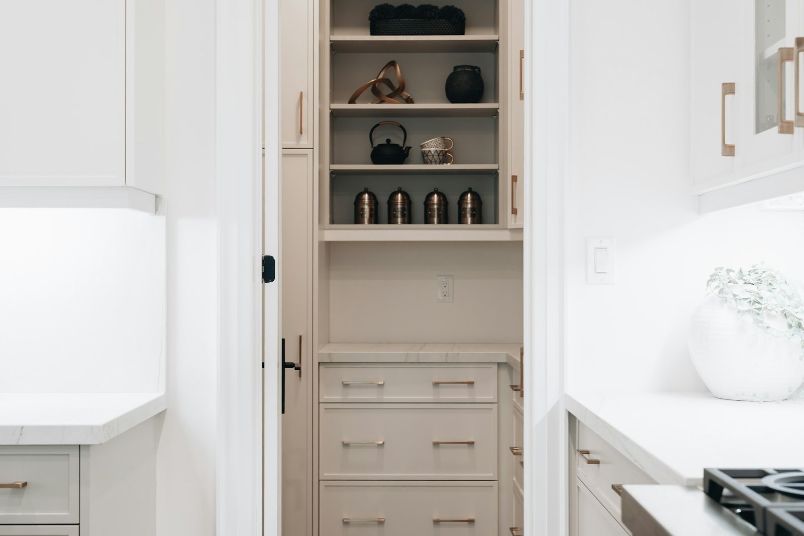Modern pantry with open shelving and drawers