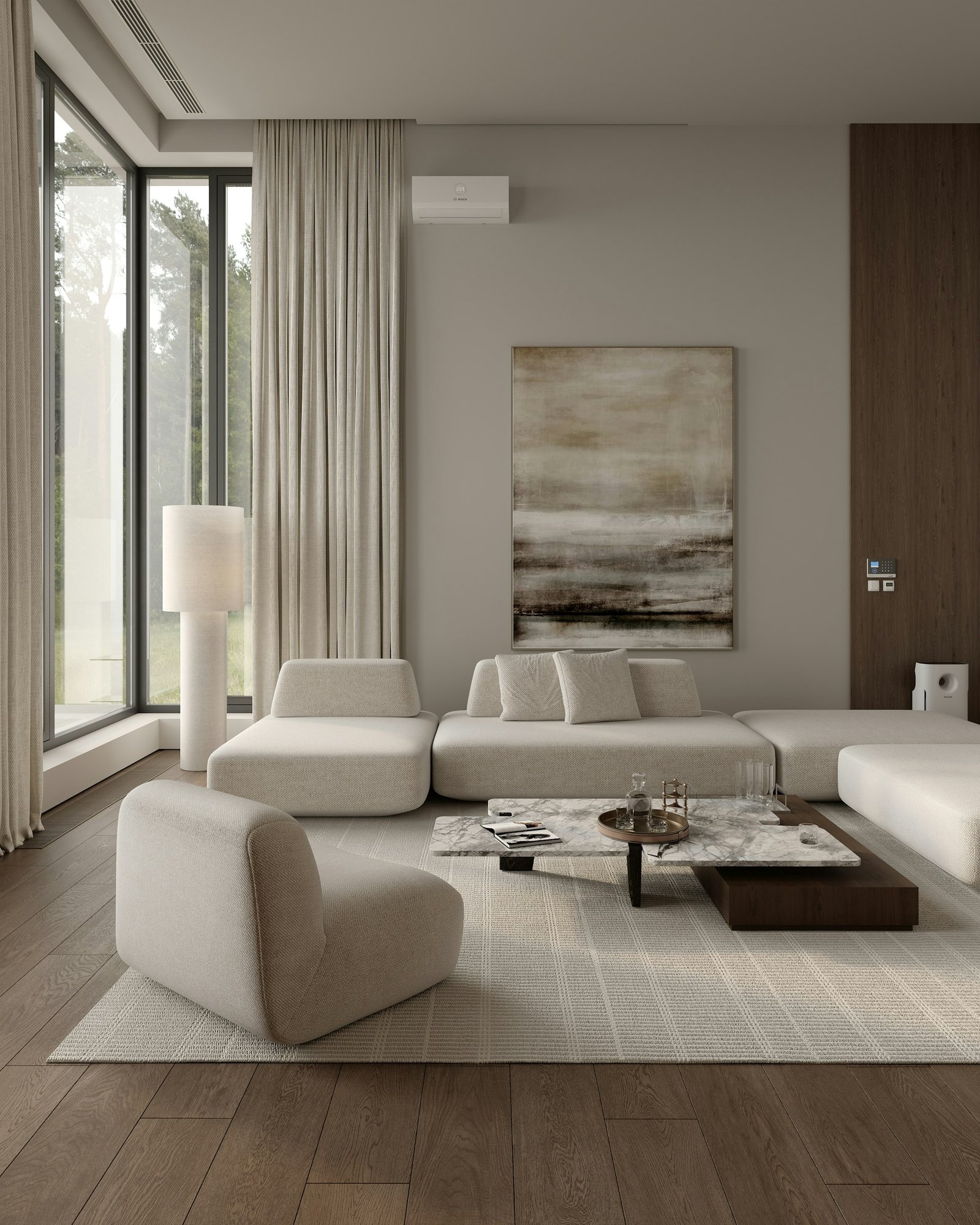 Modern living room with white furniture, large window, abstract painti