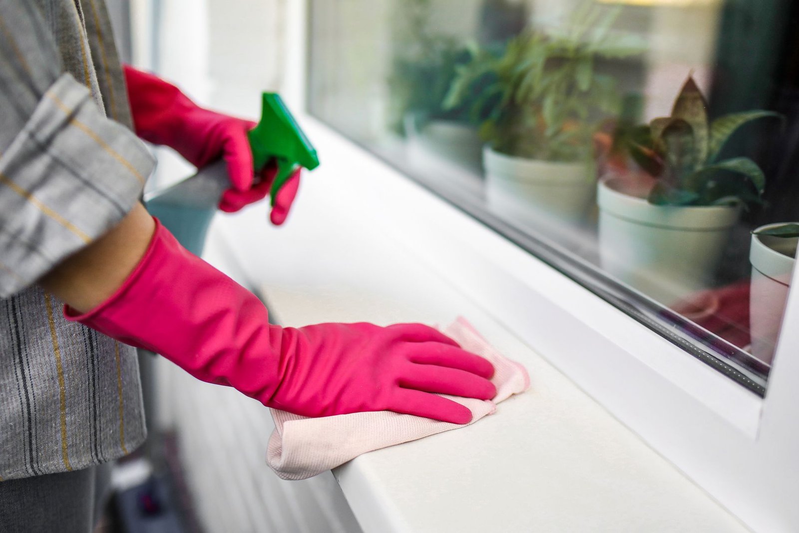 Close-up of hands in pink gloves using spray bottle and cloth ind